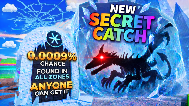 Official Roblox thumbnail for BE A FISH BAIT showing a secret catch inside an icy cavern